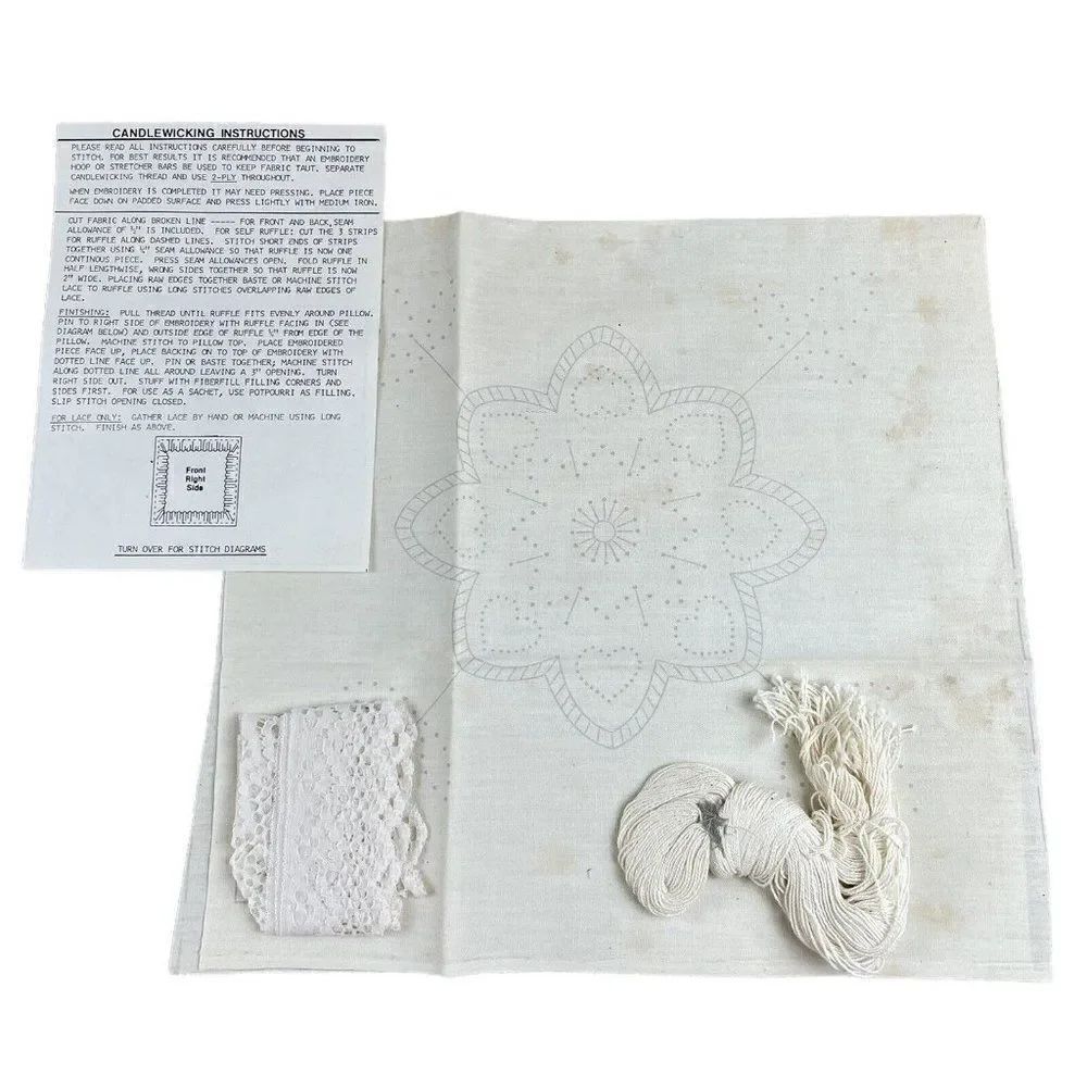 Vintage 1980s Candlewicking Pillow Kit Flowers Hearts Open Package Cottagecore